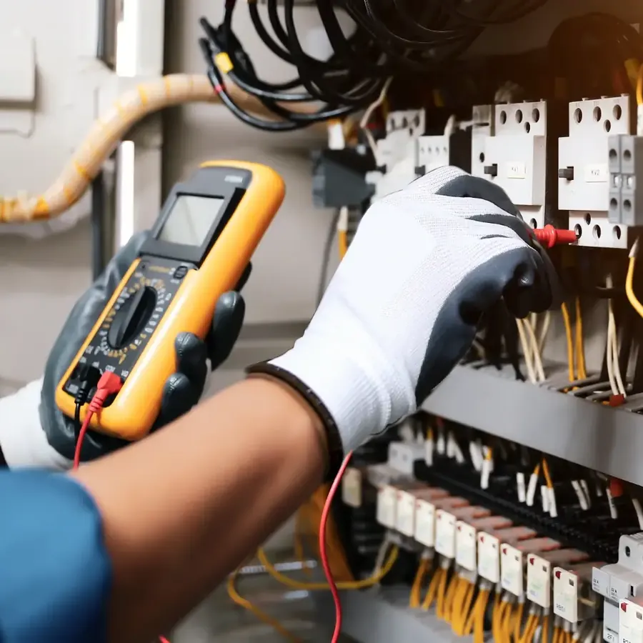Electrician in work gloves testing a control panel with a multimeter